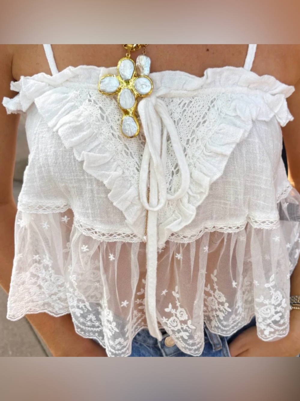 White Lace Ruffle Camisole Top